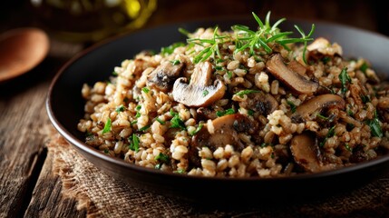Anti-Cholesterol Dishes. Delicious bowl of barley with mushrooms and herbs on a rustic wooden table.