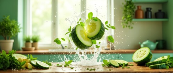 Dynamic food scene with herbs and vegetables in airy kitchen