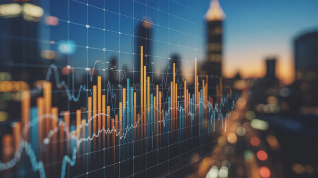 Cityscape with financial data overlay - Powered by Adobe