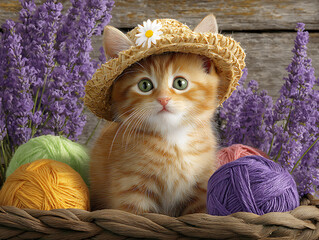 A cute ginger kitten wearing a straw hat surrounded by lavender flowers and colorful yarn balls.