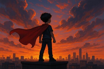 Boy with red cape stands on rooftop overlooking city at sunset time