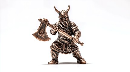 Fototapeta premium This bronze statue depicts a fierce Viking armed with an axe, showcasing craftsmanship and historic warrior spirit. 