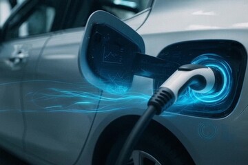 An electric car is plugged in, charging with a glowing blue energy stream and futuristic interface, symbolizing innovation and clean transportation - Powered by Adobe