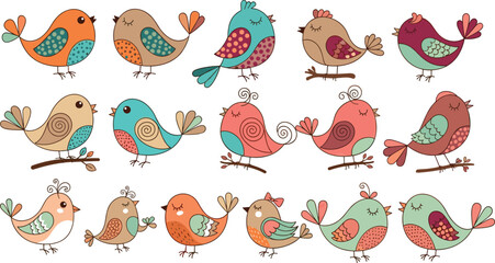 Colorful cartoon bird clipart set, cute decorative birds illustration, whimsical drawing collection for kids, crafts, cards, design projects