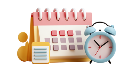 Calendar with event markers and digital clock icon isolated on transparent background 