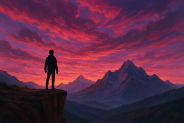 Obraz premium Silhouette of a person on cliff overlooking mountains at sunset sky
