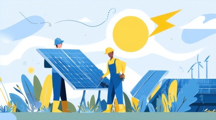 Workers install solar panels under a bright sun and clear sky in a renewable energy landscape