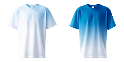 Two ombre tshirts in light blue and dark blue, gradient color apparel for fashion and casual wear, isolated on black background