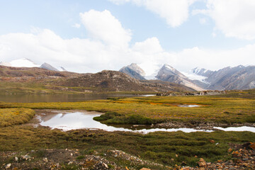 A panoramic view of a tranquil mountain lake with green and golden grasses, reflecting snowcapped...