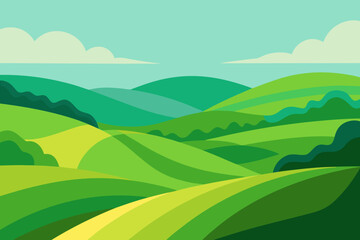 Fototapeta premium Expansive Sunny Countryside Illustration with Rolling Hills and Fields
