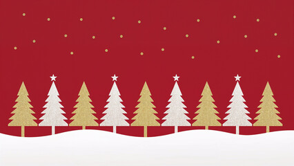 Merry Christmas and new year illustration of golden and white geometric pine trees on snowy hills with golden snow falling on vibrant red background, Xmas card or banner template, copy text space