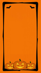 Horror Halloween greeting card and banner template, black rectangular frame on vibrant October orange background with jack-o-lanterns and bats, copy text space 