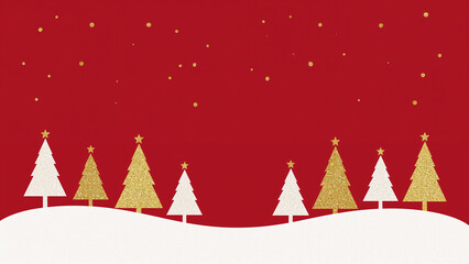 Vibrant Christmas and new year illustration of golden and white geometric pine trees on snowy hills, gold snow falling on red background, Xmas greeting card or banner template design, copy text space