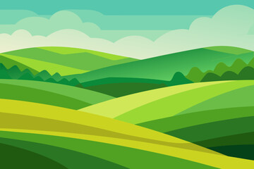 Fototapeta premium Expansive Sunny Countryside Illustration with Rolling Hills and Fields