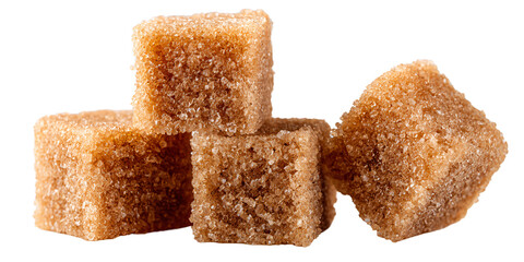 Closeup of brown sugar cubes stacked on a black background Sweet and unrefined cane sugar for baking and cooking Concept of healthy eating and natural sweetener