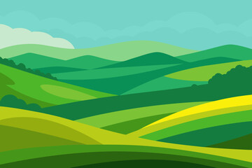 Fototapeta premium Expansive Sunny Countryside Illustration with Rolling Hills and Fields