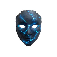 Glowing Stone Mask Mystical Face with Crackled Texture and Neon Blue Energy