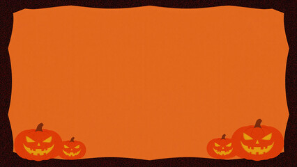 Halloween greeting card and banner template, black rectangular frame on October orange background with jack-o-lanterns illustrations, copy text space 