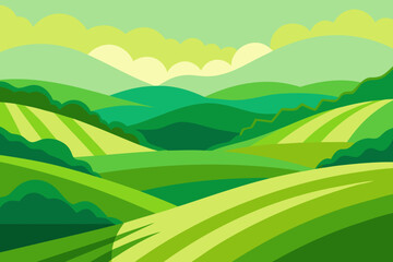Obraz premium Expansive Sunny Countryside Illustration with Rolling Hills and Fields