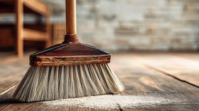 A dust-covered floor with a brush and dustpan captures a simple moment of home cleaning in progress.
 - Powered by Adobe