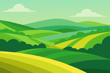 Obraz premium Expansive Sunny Countryside Illustration with Rolling Hills and Fields