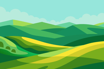 Obraz premium Expansive Sunny Countryside Illustration with Rolling Hills and Fields