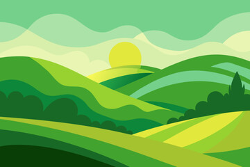 Expansive Sunny Countryside Illustration with Rolling Hills and Fields