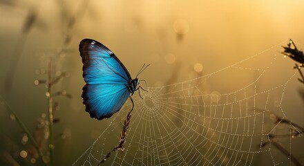 Stunning blue butterfly resting on dew-kissed spiderweb at dawn, evoking a sense of peace and wonder
