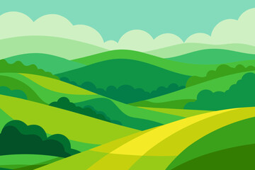 Expansive Sunny Countryside Illustration with Rolling Hills and Fields