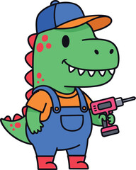 Cartoon dinosaur in overalls holding power drill, friendly construction worker character, vector illustration, kids educational design, DIY theme