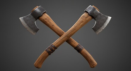 Two Rustic Wooden Axes Crossed on Dark Background for Outdoor or Tool Display
