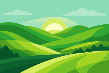 Fototapeta premium Expansive Sunny Countryside Illustration with Rolling Hills and Fields