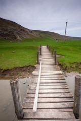 Obraz premium A worn wooden footbridge crossing a small stream in a rural, grassy landscape with a hill in the background. The image evokes a sense of journey, connection, and solitude, perfect for designs and cont