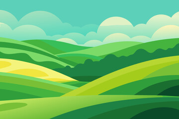Obraz premium Expansive Sunny Countryside Illustration with Rolling Hills and Fields