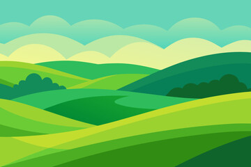 Expansive Sunny Countryside Illustration with Rolling Hills and Fields