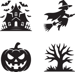 Halloween Icon Set: Spooky House, Witch on Broomstick, Jack-o'-Lantern, and Barren Tree.