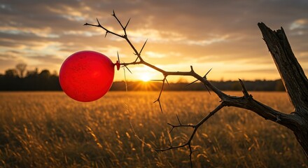 Poignant red balloon stuck on thorny branch against stunning sunset landscape evokes loneliness and loss
