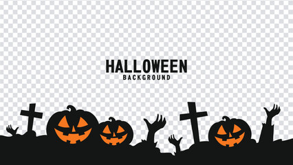 Halloween background vector with transparent PNG style. Features spooky pumpkins, zombie hands, and graveyard elements. Perfect for flyers, banners, invitations, and Halloween-themed design projects