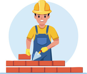 happy young male bricklayer smiling while building a brick wall with a trowel. Simple flat labor day vector illustration