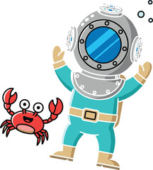 Cartoon diver in vintage suit with smiling red crab underwater, playful ocean exploration scene, vector illustration for kids content