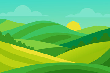 Obraz premium Expansive Sunny Countryside Illustration with Rolling Hills and Fields