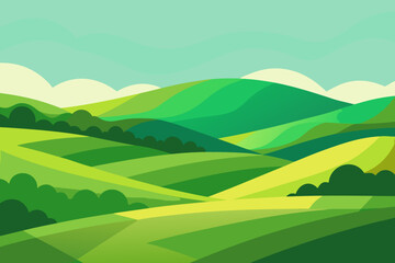 Obraz premium Expansive Sunny Countryside Illustration with Rolling Hills and Fields