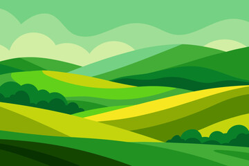 Obraz premium Expansive Sunny Countryside Illustration with Rolling Hills and Fields