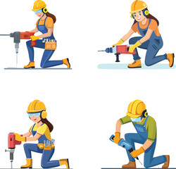 male and female construction workers using power tools and drills with safety helmets, a flat vector labor day illustration
