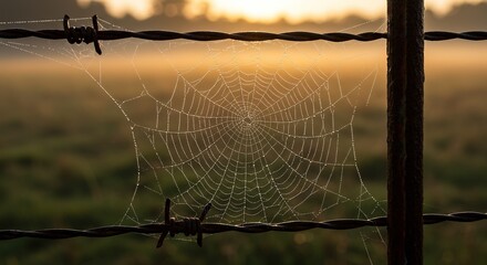 Ethereal spiderweb glistening with morning dew on barbed wire fence at sunrise for nature beauty concepts