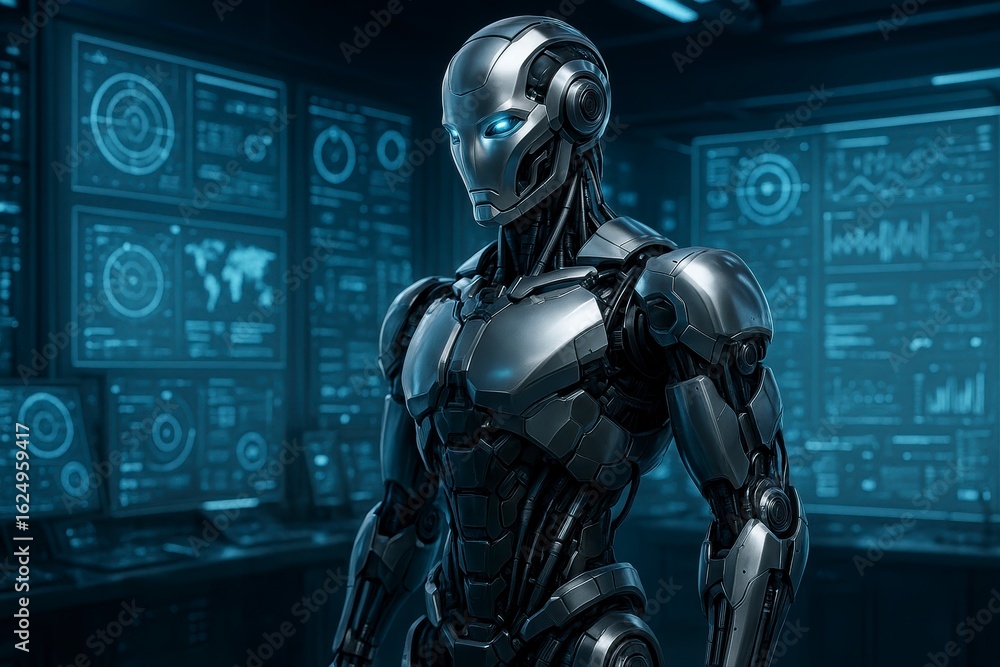 Poster futuristic robot standing in front of multiple glowing data screens