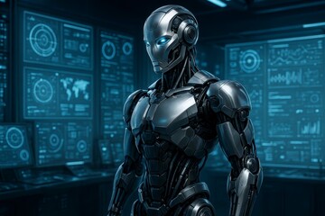 Futuristic robot standing in front of multiple glowing data screens