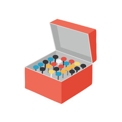 Vector illustration of push pin box realistic style on white background, stationery accessory