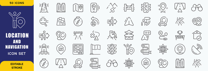 Location and navigation icon set. Containing location, navigation, direction, GPS, flag, destination, route, road and more. Vector outline icons collection © Sk.Saiful