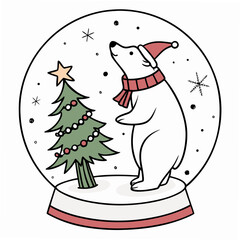 Adorable polar bear wearing a santa hat and scarf inside a snow globe with a decorated christmas tree